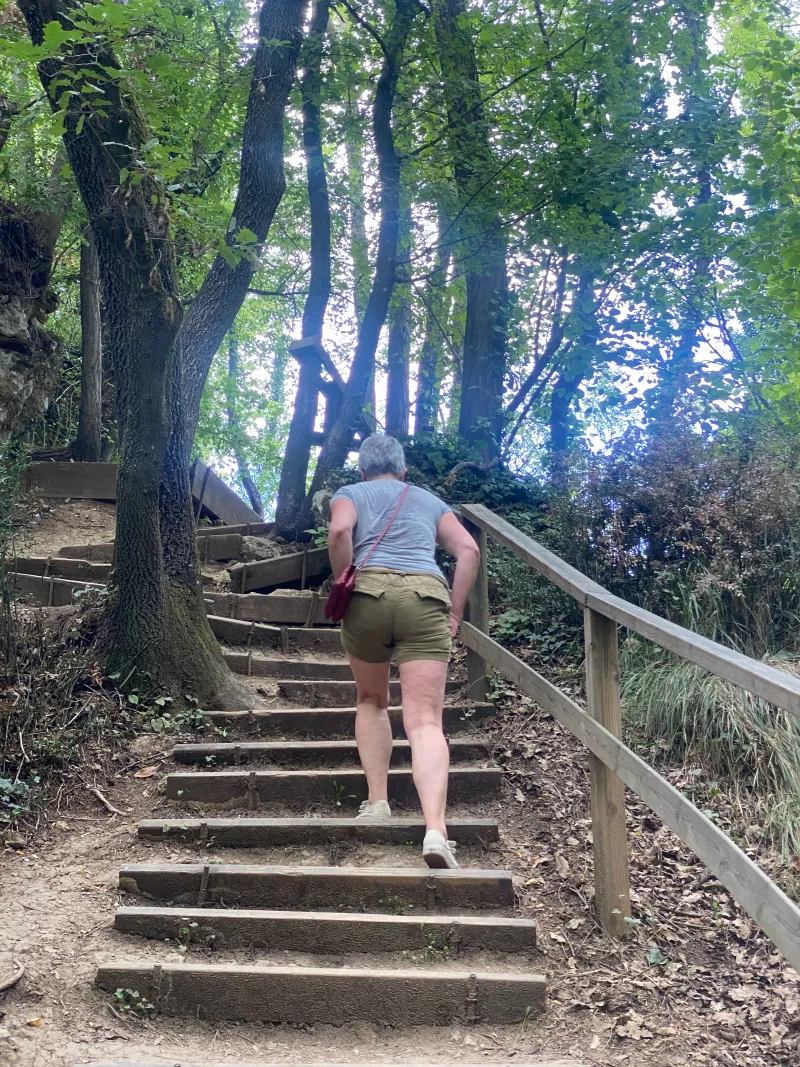 The ups and downs are over a couple of steep stairways.
