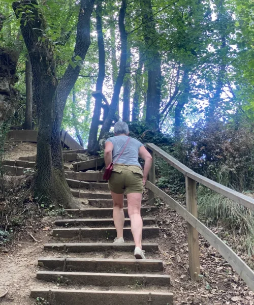 The ups and downs are over a couple of steep stairways.